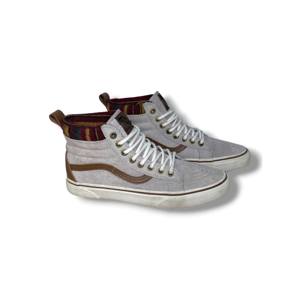 Vans Sk8-Hi MTE Gray Suede Brown Leather High Top Sneaker Tribal Knit Womens 7.5